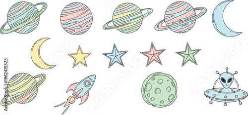 Colorful space objects with planets and stars and alien