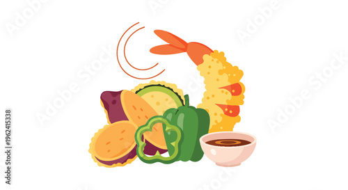 A vibrant illustration showcasing Japanese cuisine, with tempura shrimp, assorted vegetables, dipping sauce, and an isolated white background