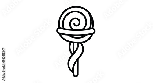 A black and white line drawing of a round candy on a stick. The head of the candy has a spiral center, a circular shape, & a cylindrical neck