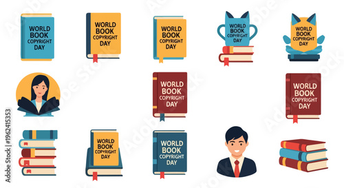 Flat lay illustration of World Book and Copyright Day icons featuring books, people, and mugs on a white background