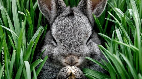 Fluffy rabbit resting peacefully in green grass