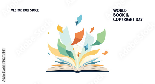 Colorful illustration of an open book with flying pages on a white background celebrating World Book and Copyright Day