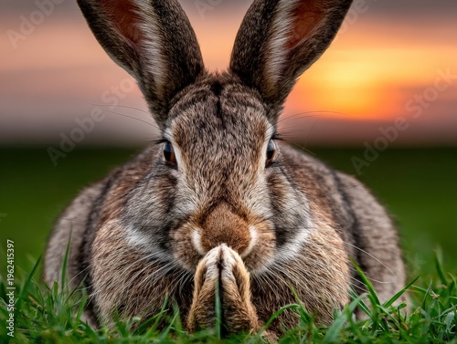 Rabbit resting peacefully at sunset in a grassy field
