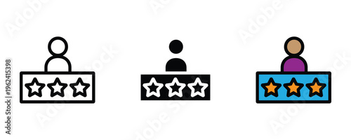User review rating icon set with three stars and customer avatar. Online feedback testimonial and quality ranking symbol. Vector Illustration.