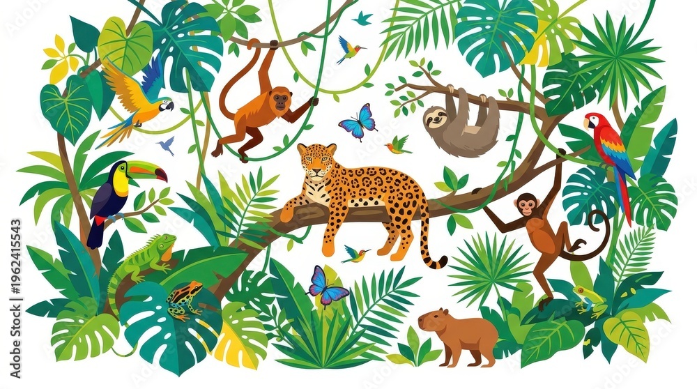 Fototapeta premium Tropical jungle with exotic animals.