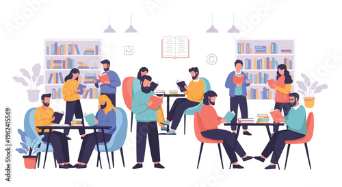 People study and read together on World Book and Copyright Day in a library with colorful flat lay composition and educational mood