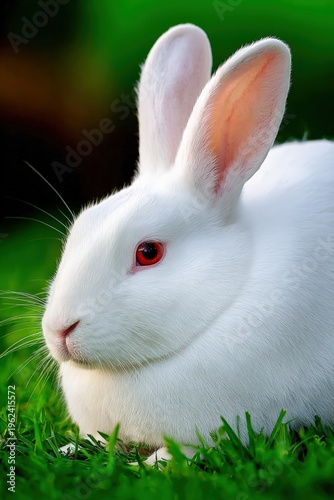 White rabbit resting peacefully on green grass
