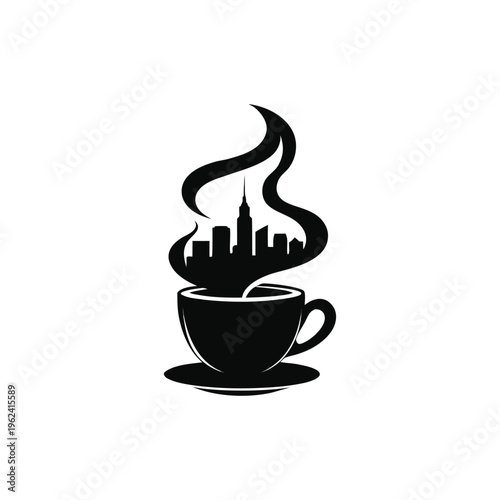 Silhouette of a Coffee Cup where the steam forms a City Skyline. isolated on White Background