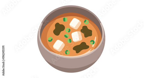 A simple, cartoon illustration of miso soup in a bowl. It has a tan broth, cubes, seaweed, and green onions. The bowl is gray
