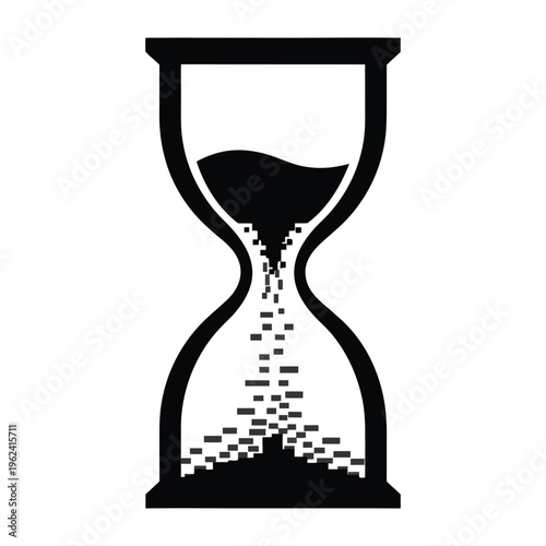 Minimalist silhouette of an hourglass where sand is turning into digital pixels. isolated on White Background