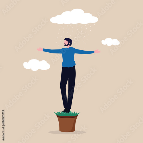 Personal development, self improvement or career growth. Resilient man balancing on plant pot under rain. Coaching or training to success, motivation to growing, develop skill or attitude concept.