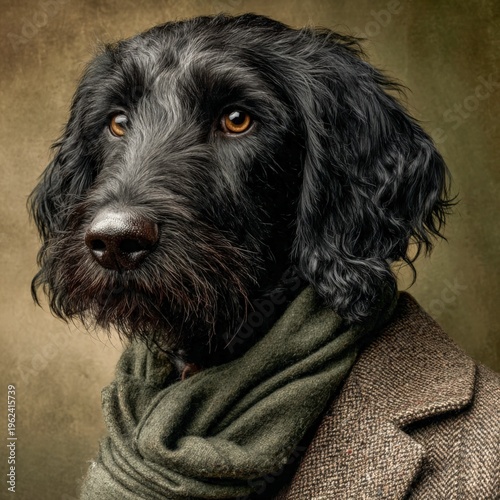 Whimsical portrait of a dog dressed in stylish attire