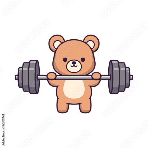 Cute cartoon bear lifting weights, exercising and staying fit in a playful and fun way, with a determined expression on its face.