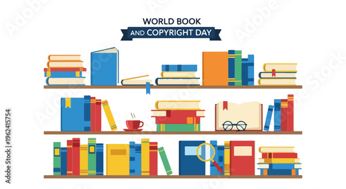 Colorful illustration of bookshelves filled with books on World Book and Copyright Day against a white background