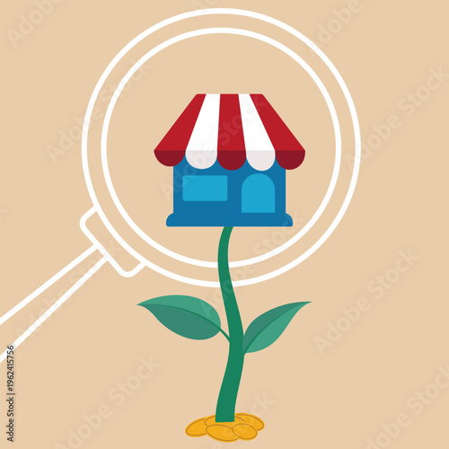 Small business idea, successful entrepreneur with small retail shop or storefront. Local business growth concept,  shop owner or merchandise opportunity concept. Vector illustration.