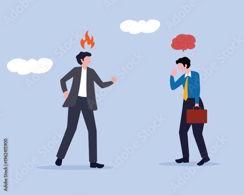Toxic boss, bad environment in workplace, unfairness. Angry manager captured in cover with prohibited toxic sign and team are peacefully discussing work outside. Emotional versus rational approach