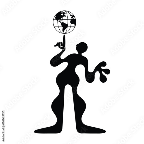 Minimalist silhouette of a person balancing a Globe on their fingertip. isolated on White Background