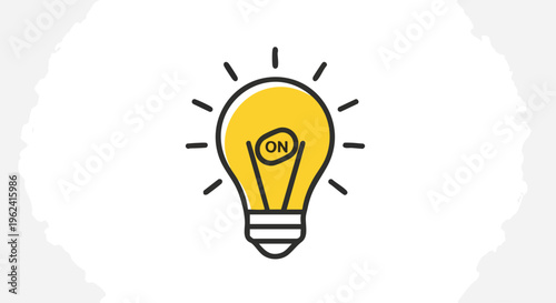 A stylized lightbulb icon is brightly lit. The word "ON" appears on the bulb's filament, indicating activation with radiant lines