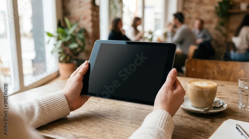 Hands holding tablet with black screen in cafe with coffee and blurred people