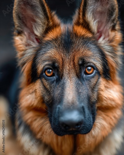 German shepherd gazes with soulful eyes in warm light