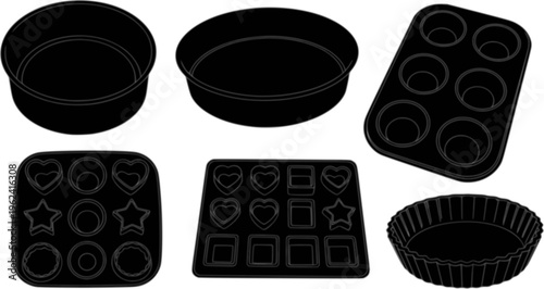 Collection of baking molds and pans for cakes, chocolates, and desserts
