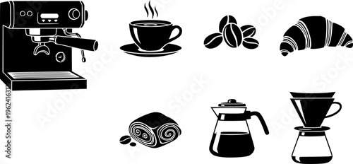 Collection of coffee and pastry icons including espresso machine, coffee cup, croissant, beans, and pour over
