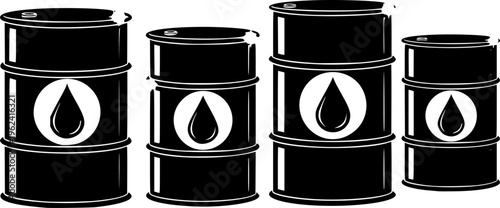 Set of 4 Black Oil Barrel Icons Vector Illustration with Petroleum Drop Symbol for Energy Industry and Fuel Storage
