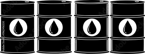 Set of 4 Black Oil Barrel Icons Vector Illustration with Petroleum Drop Symbol for Energy Industry and Fuel Storage
