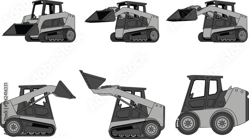Isometric view of six different vintage pickup trucks in grayscale six vehicles flat side profile
