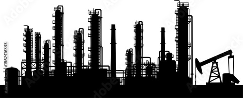 Industrial factory silhouette vector illustration with oil refinery, chemical plant, and pump jack, depicting energy production and heavy industry
