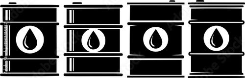 Set of 4 Black Oil Barrel Icons Vector Illustration with Petroleum Drop Symbol for Energy Industry and Fuel Storage
