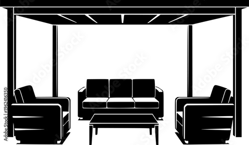 Black and white vector illustration of a modern outdoor patio pergola with lounge furniture set, including a sofa, two armchairs, and a coffee table
