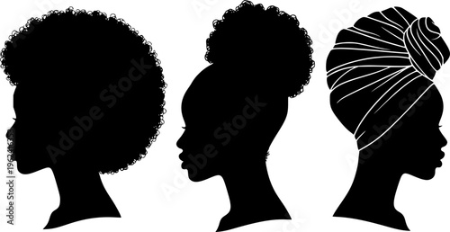 African American Woman Silhouettes with Natural Hair Afro and Headwrap Vector

