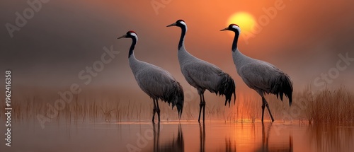 Cranes stand gracefully in the mist at dawn