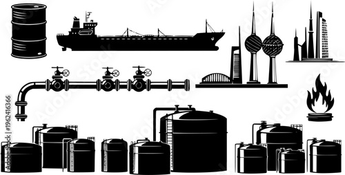 Monochromatic vector icon set depicting oil and gas industry elements including barrels, tankers, pipelines, storage tanks, and a flame, with a Kuwait landmark and text