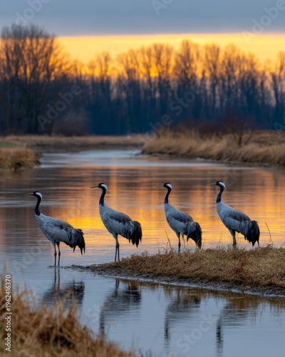 Crane silhouettes against a glowing sunset by the river