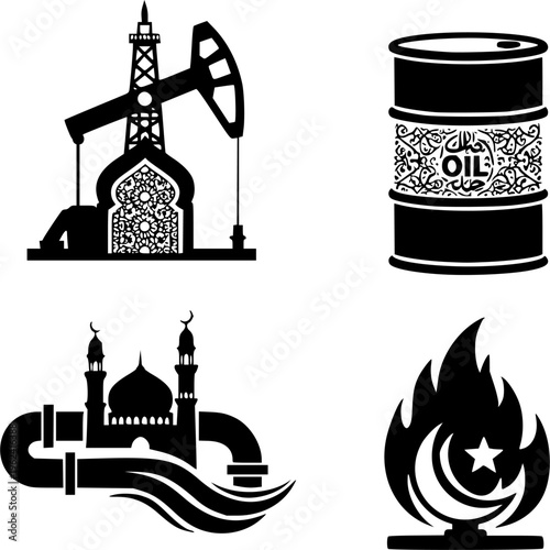Set of 4 Black Silhouette Oil and Gas Industry Vector Icons with Middle Eastern Elements for Energy and Business Concepts
