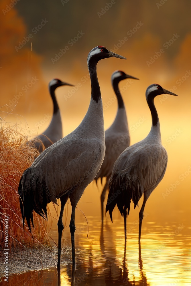 Fototapeta premium Cranes standing gracefully at sunrise by the tranquil water