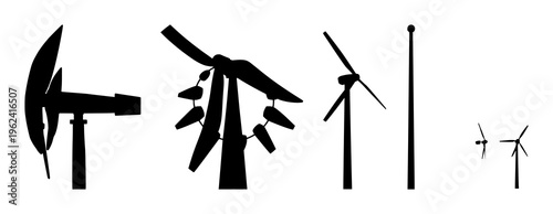 Solid black silhouette of a modern vertical-axis wind turbine (VAWT), urban energy harvesting, geometric solid shape, white background. set with simple line art design featuring outline, illustrati...