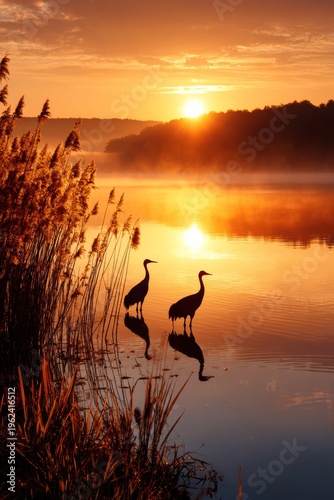 Silhouetted cranes at dawn by the tranquil lake