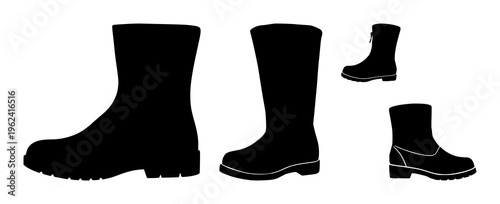 Boots set with winter silhouette design featuring footwear, outerwear, cold season with sleek black lines and minimalist outline