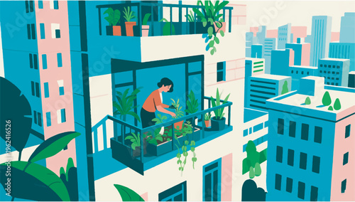 Illustration Of A Woman Tending Plants On An Apartment Balcony With A City Skyline In The Background Vector Design Template