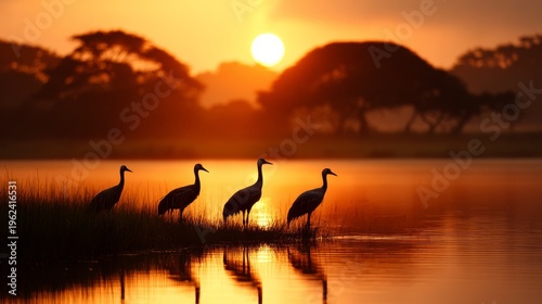 Cranes stand gracefully at sunset by the tranquil lake