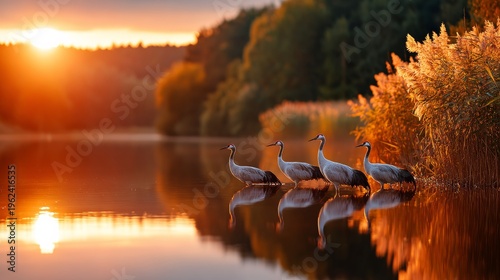 Majestic cranes basking in the golden sunset glow