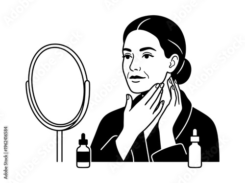 Skincare routine woman using mirror
