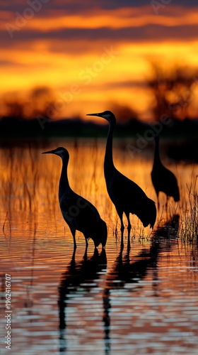 Elegant cranes silhouetted against a vibrant sunset