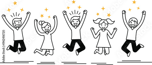 Happy cartoon people jumping for joy and celebrating success with stars representing achievement winning team spirit and positive office culture.