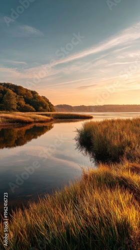 Serenity unfolds at sunset by the shimmering water