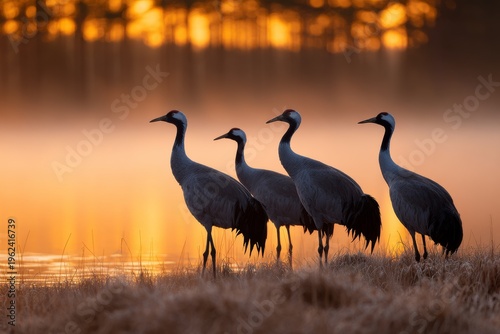 Cranes basking in the golden glow of dawn