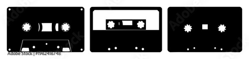 Cassette tape set with retro black silhouette design featuring analog audio, music, nostalgia with vinyl and cassette
